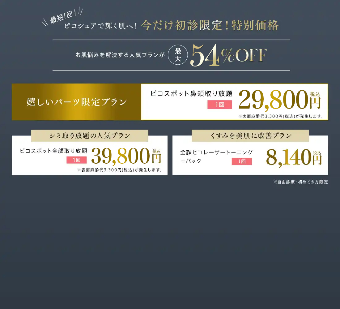 ピコシュアで輝く肌へ！今だけ初診限定！特別価格