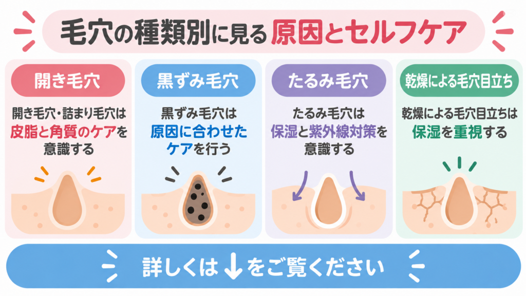 毛穴　種類別　原因　セルフケア